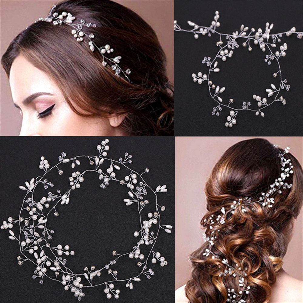 Wedding Supply Store - パーティーヘアジュエリー ロングチェーンヘッドピース ロマンチックパールクリスタル ウェディングヘアヴァイン ダイヤモンドヘッドバンド 花嫁アクセサリー