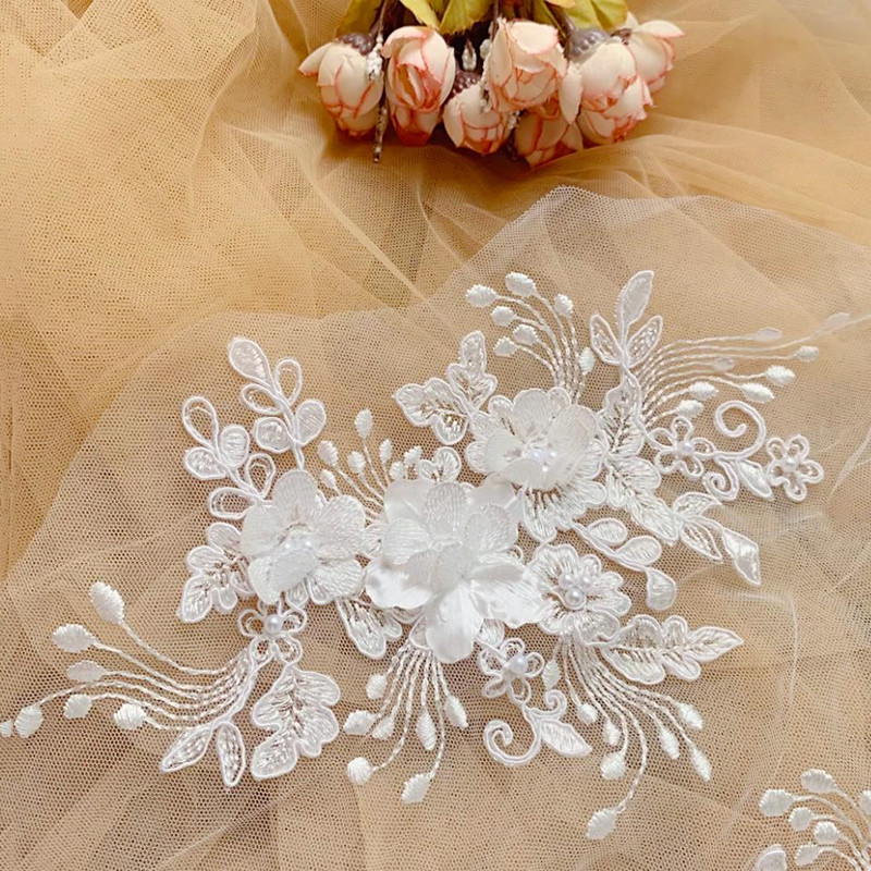Wedding Supply Online - パールレースボーダーライン、3Dミラーフラワー、DIYウェディングドレスアプリケーション、刺繍用品、2ペア、25.5x13cm