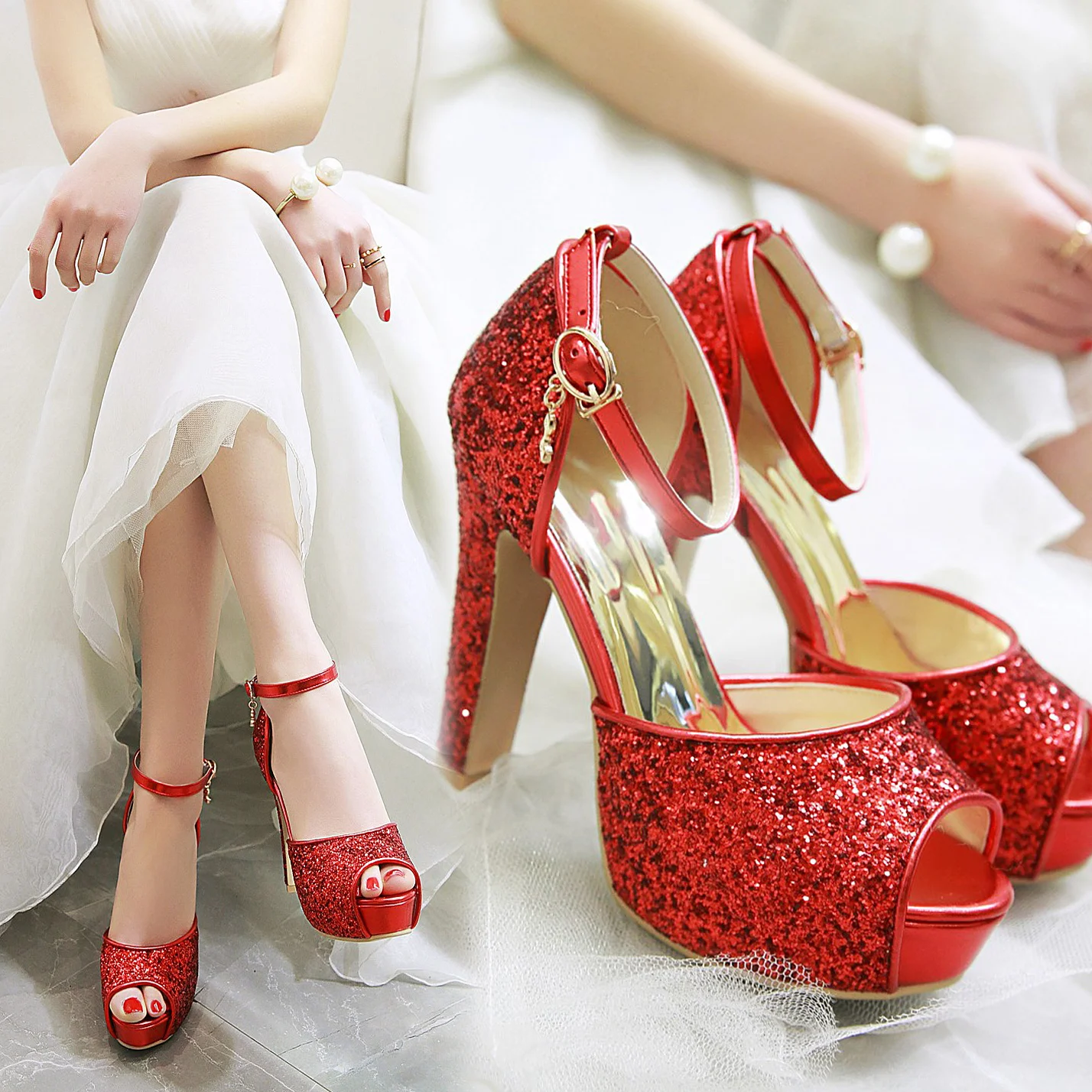 シルバー夏の女性のハイヒールプラットフォームサンダルゴールド - Wedding Shop のレビューと価格