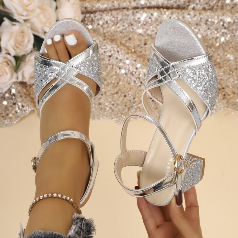 女性ブロックヒールサンダルゴールドキラキラクロスストラップア - Wedding Shop のレビューと価格